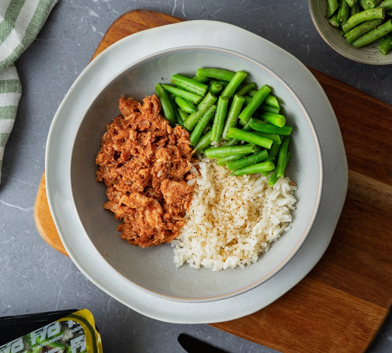 Rijst - BBQ Pulled Chicken - Sperzieboontjes