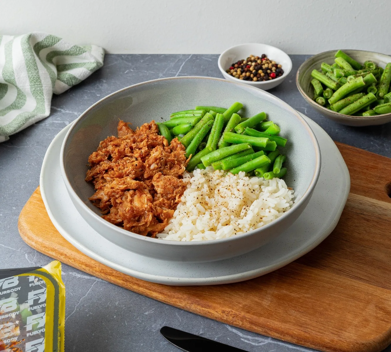 Rijst - BBQ Pulled Chicken - Sperzieboontjes