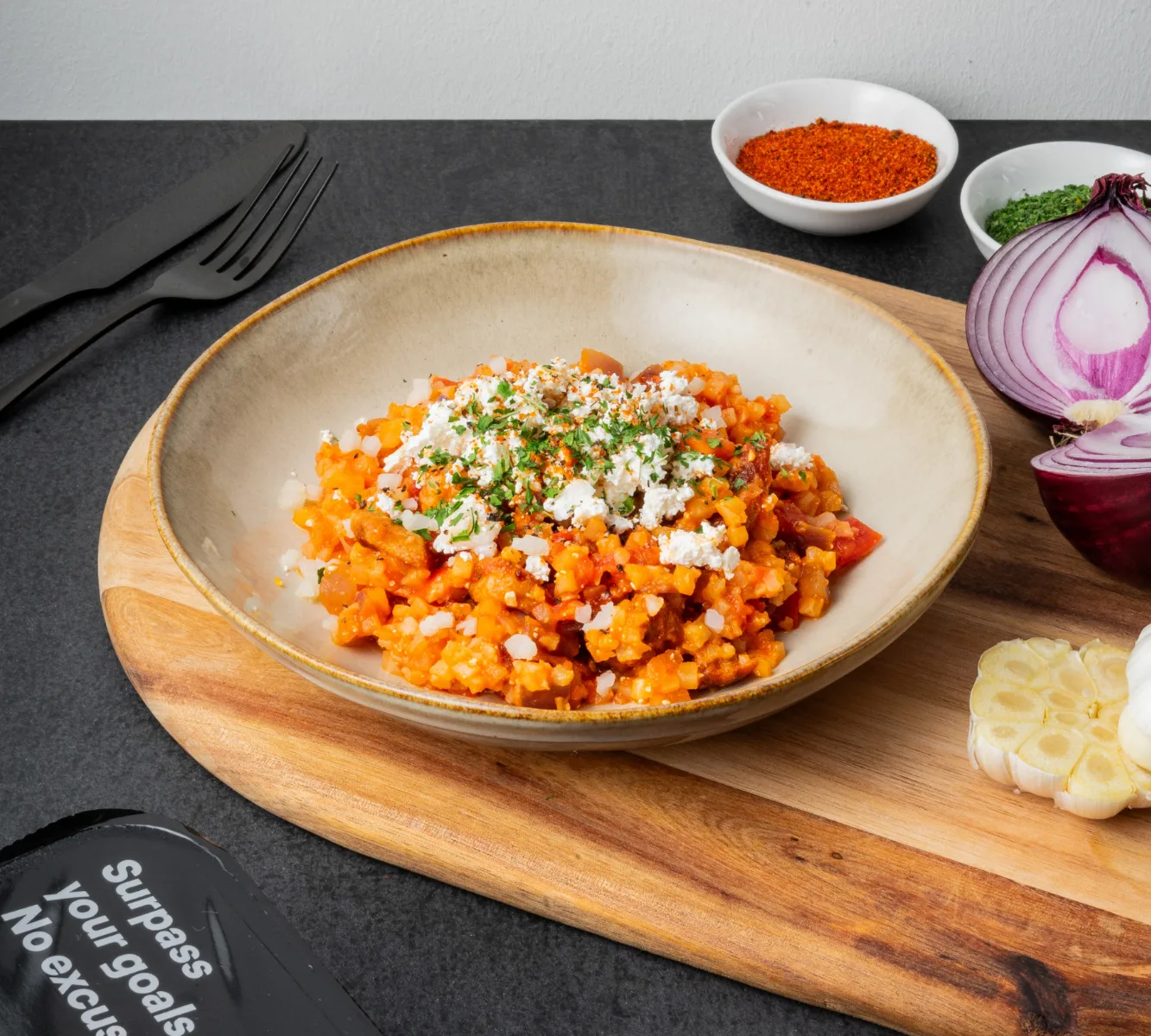 Bloemkooltomatenrijst - Kip Greek Style (rode ui feta) [LOWCARB]